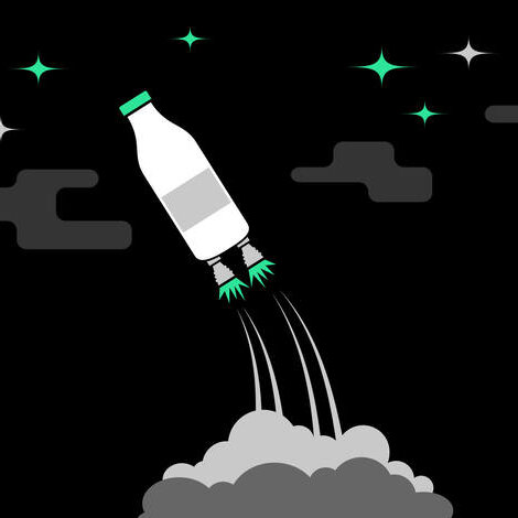 Eine Illustration einer Milchflasche als aufsteigende Rakete.
